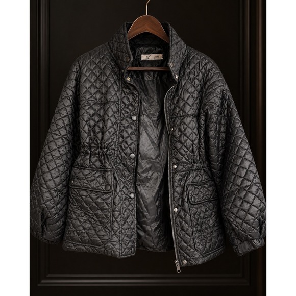 Ai Gin Jackets & Blazers - Ai Gin Womens Black Quilted Jacket Diamond Stitch Drawstring Waist Puffer Coat